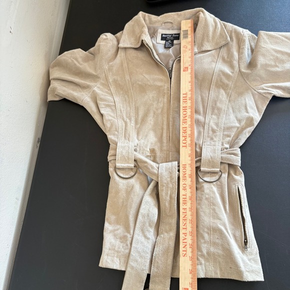 Y2K Neutral Zone Suede Leather Jacket Womens M Tie Belt Beige Utility Neutral - Picture 13 of 16
